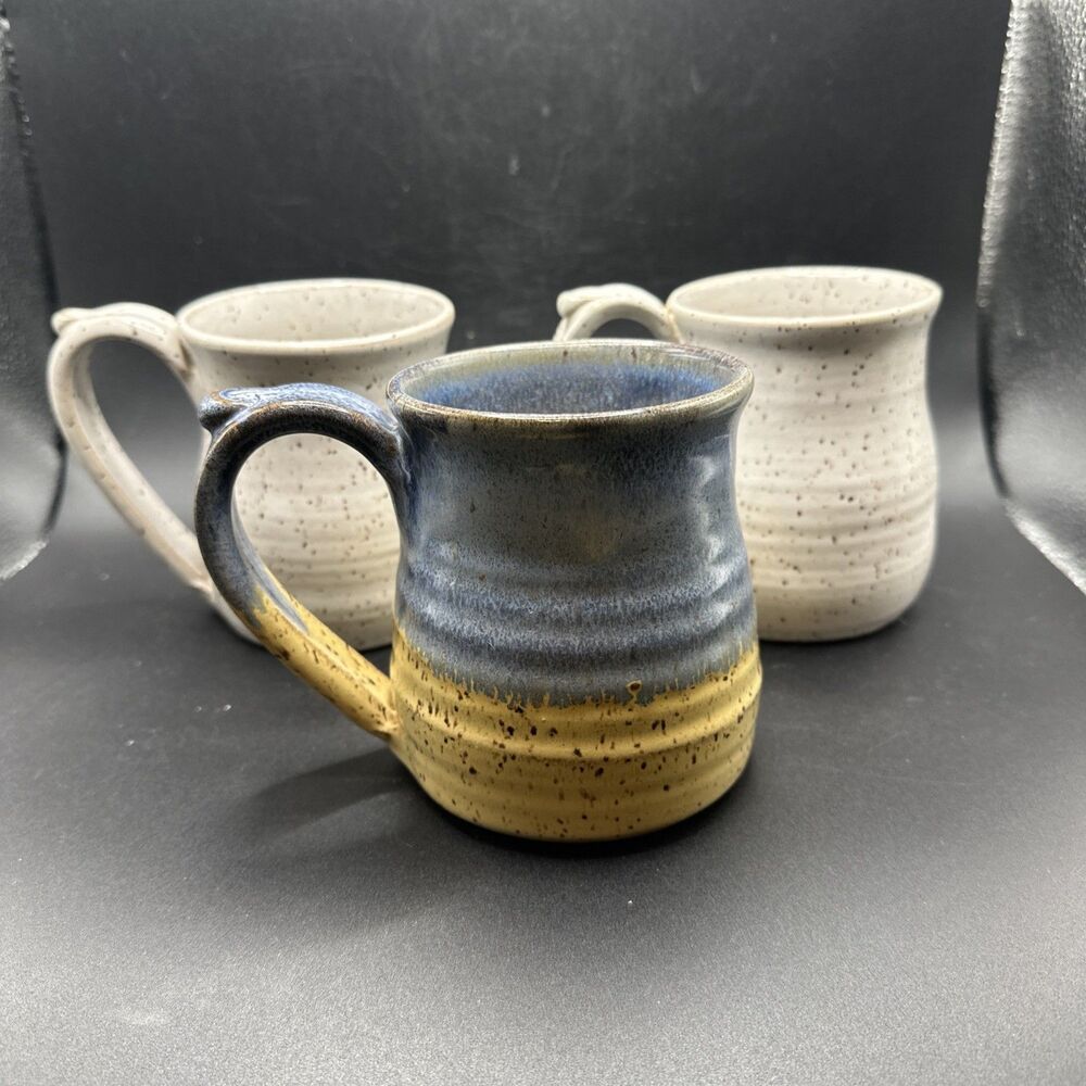 Stoneware Glazed Ceramic Studio Pottery Coffee Mug Teacup - Stamped - Set Of 3